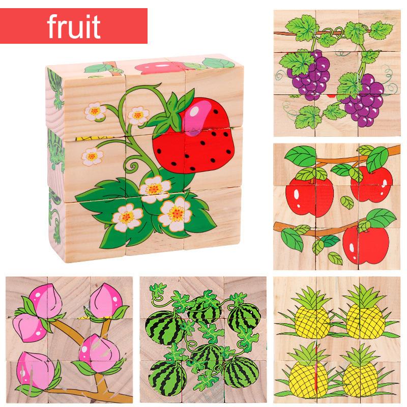 Quebra-cabeça de Madeira Seis Lados Pintados Tridimensional Trânsito Animal Quebra-cabeça Blocos de Construção Brinquedos Montessori de Educação Infantil TMZ