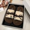 Roll thick-soled fluffy slippers outer wear 2025 autumn and winter new belt buckle bow home plush cotton slippers