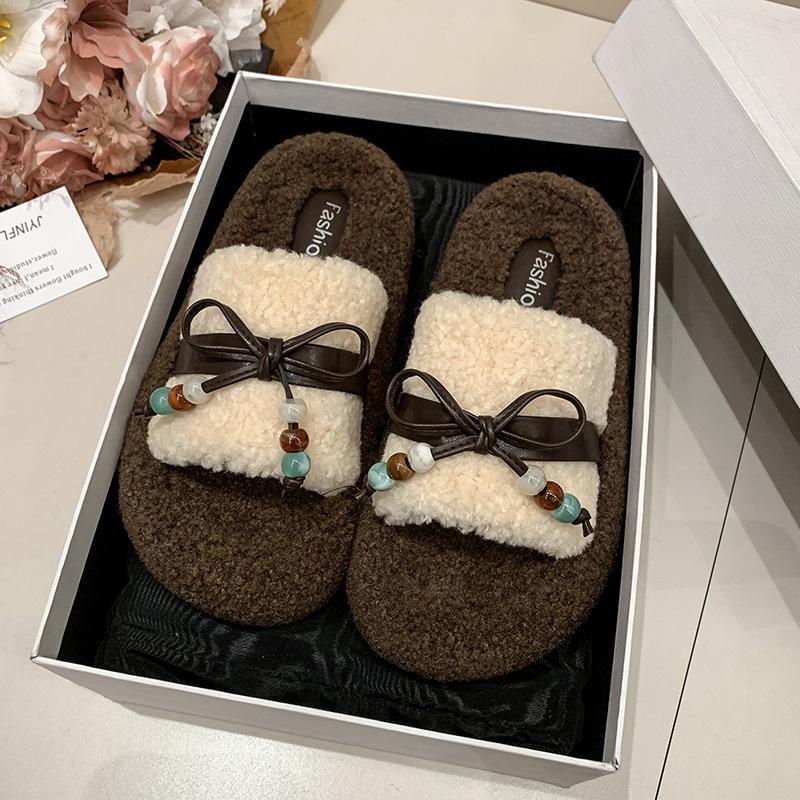 Roll thick-soled fluffy slippers outer wear 2025 autumn and winter new belt buckle bow home plush cotton slippers