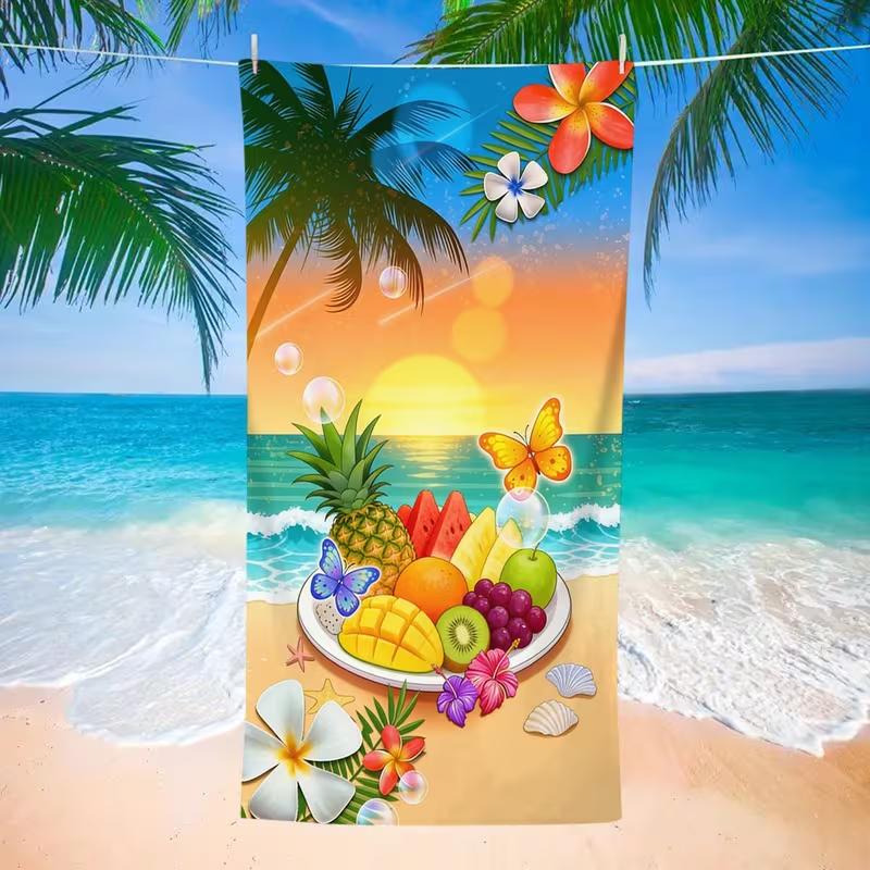 Telo da Spiaggia con Stampa Tramonto Estivo, Cappello di Paglia, Motivo Floreale Tropicale, Asciugatura Rapida, Senza Sabbia, Assorbente, Morbido, per la Vacanza
