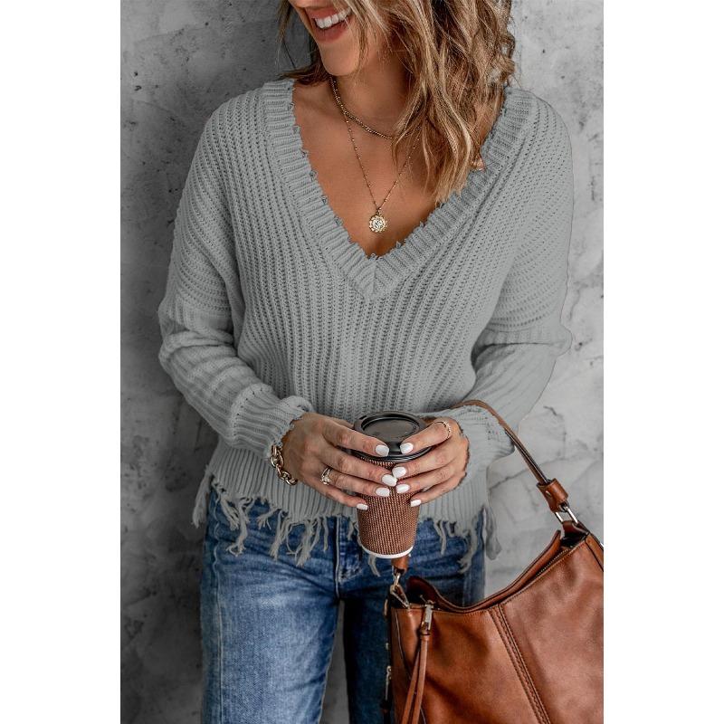 Autumn and Winter Fashion New Style Gray Cotton V-neck Long-sleeved Tassel Ripped Sweater, Casual Loose Blue Ladies Pullover Sweater  Top AL6101