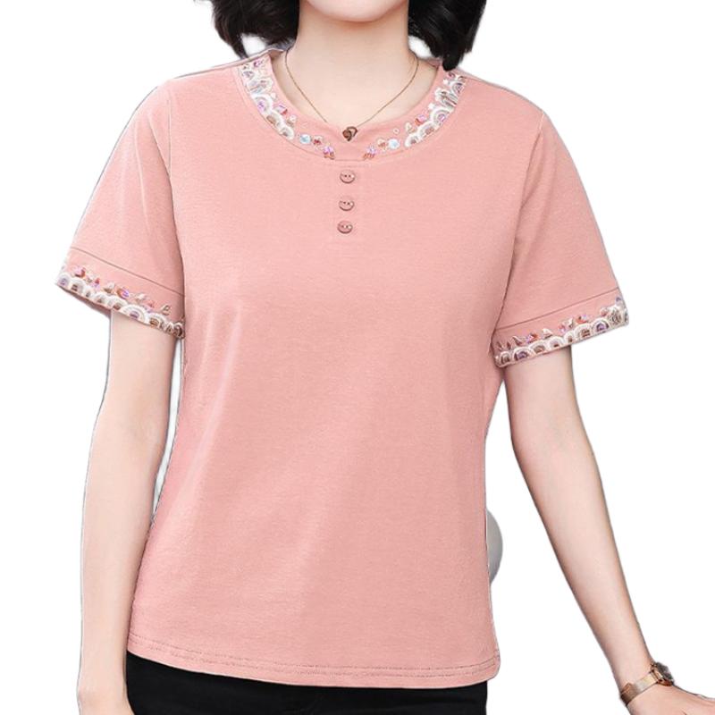 Women's Korean-Style Casual Solid Color Cotton Top Embroidered Loose Button Short-Sleeve T-Shirt