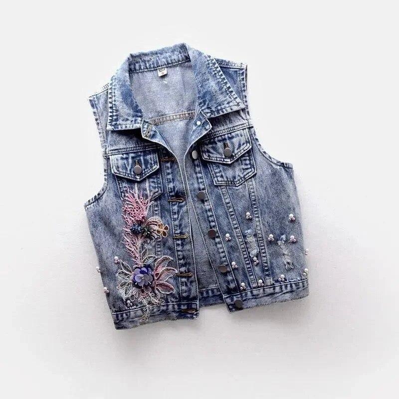 Džínová dámská vesta perleťová móda roztrhané podzimní džíny bunda bez rukávů volný krátký kabát streetwear korálková květinová džínová vesta