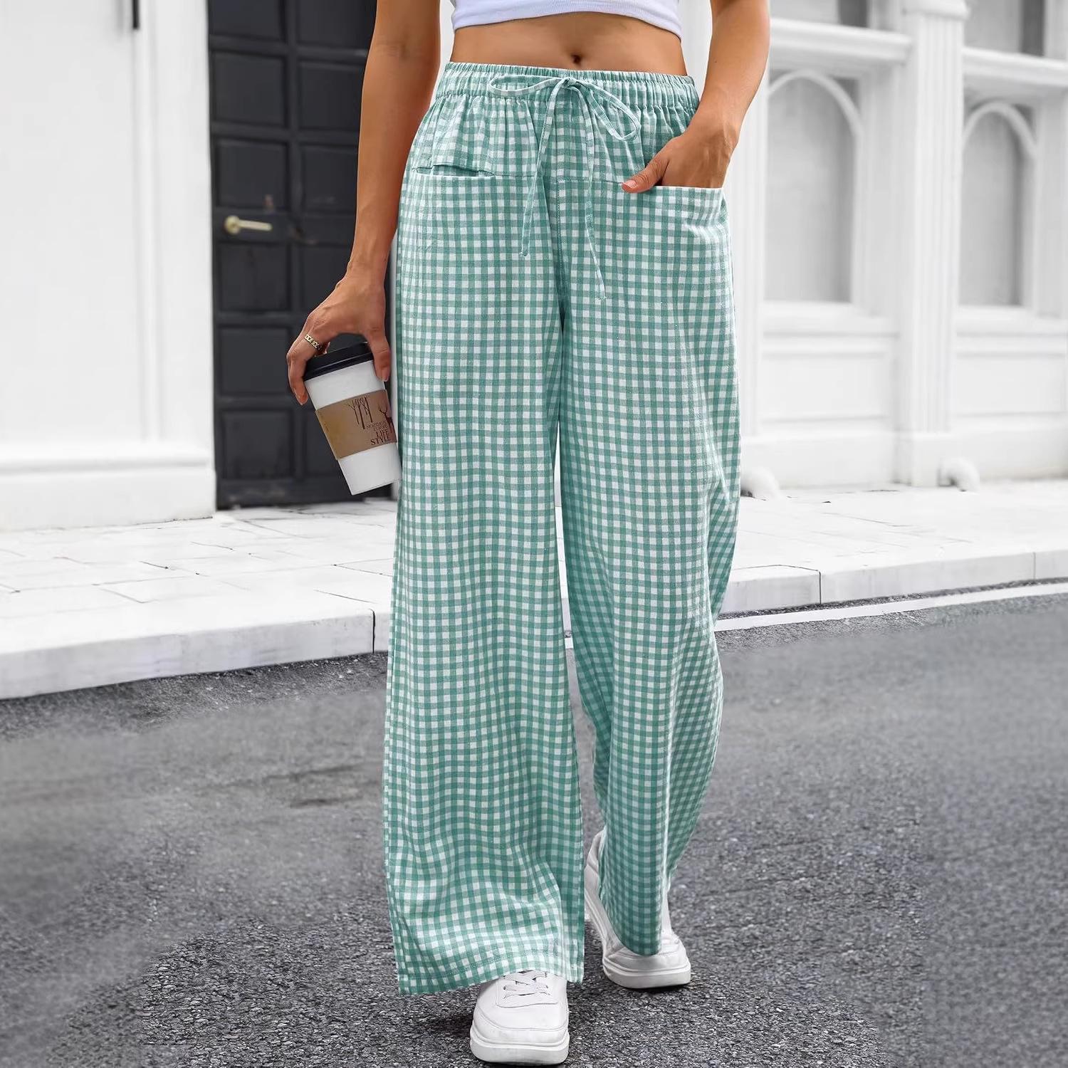 2026 Women s High-Waisted Wide-Leg Plaid Drawstring Casual Pants for Spring M зелёный