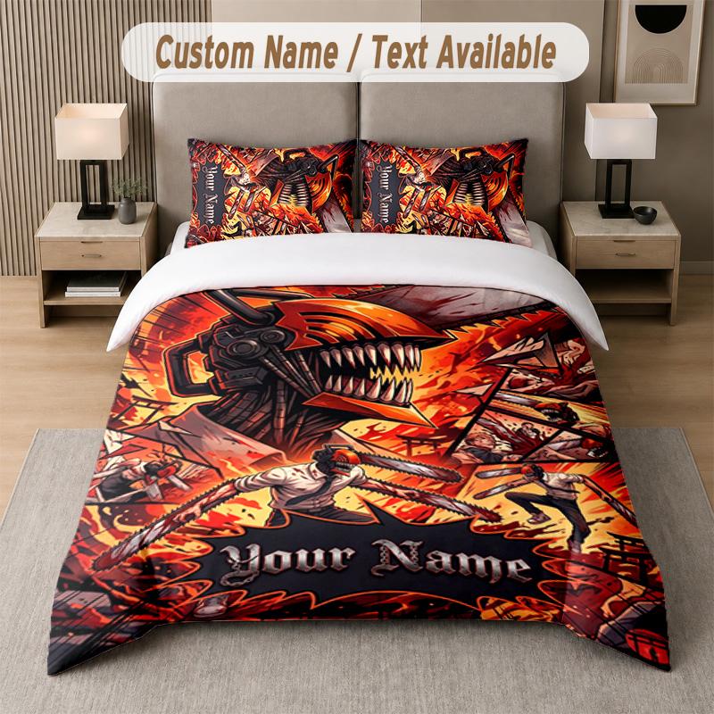 Chainsaw Man 3Pcs Bedding Set, Personalized Custom Name Text, 1 Duvet Cover & 2 Pillowcases For Bedroom