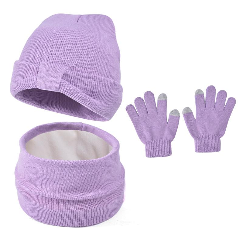 

3 шт. Зимняя детская шапка-бини, шарф, перчатки, костюм, теплые уши, детский вязаный комплект шапок для девочек и мальчиков, утеплитель для шеи для отдыха на открытом воздухе 3-8 лет лавандовый