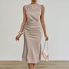 Women Beige Satin Sleeveless Stand Collar Ruched Bodycon Mermaid Midi Dress