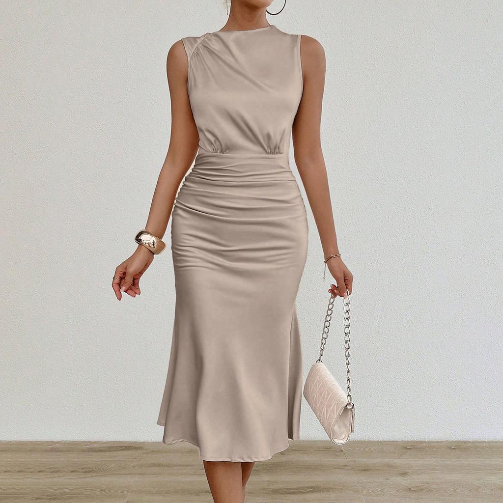 Women Beige Satin Sleeveless Stand Collar Ruched Bodycon Mermaid Midi Dress