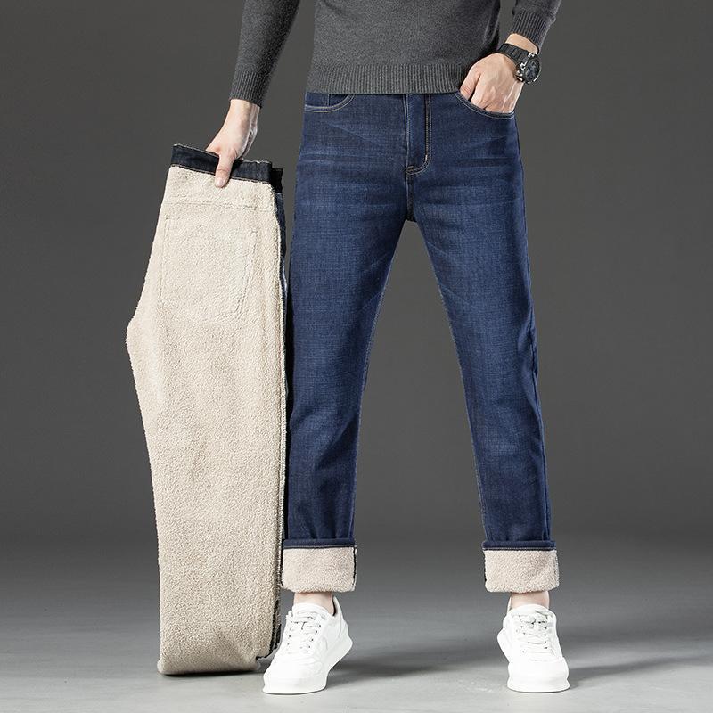 Men's Plus Size Warm Velvet-Lined Denim Pants - Loose, Straight, Winter Casual Wear