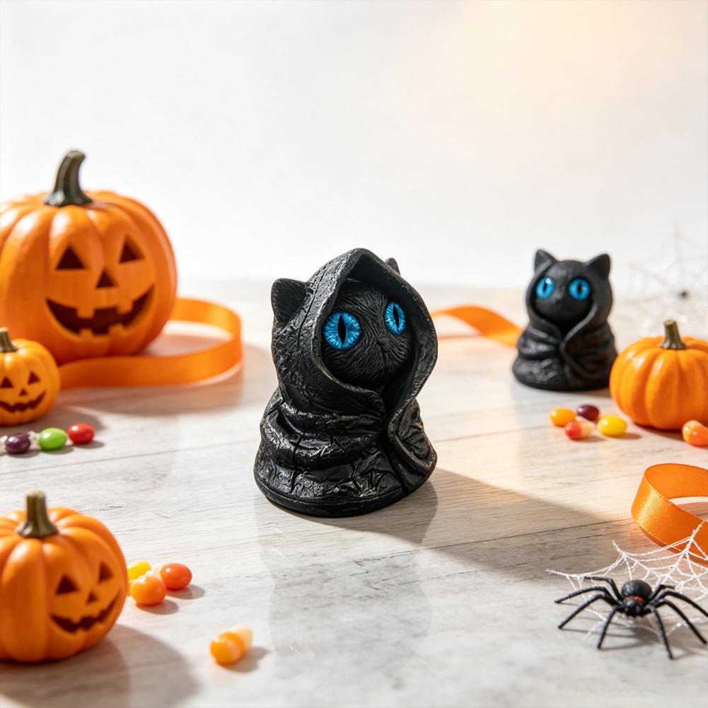 Black Cat Statue Mysterious Hooded Black Cat Figurine Statue with Big Eyes Mini Desktop Ornament for Home Office Decor Gift Hand