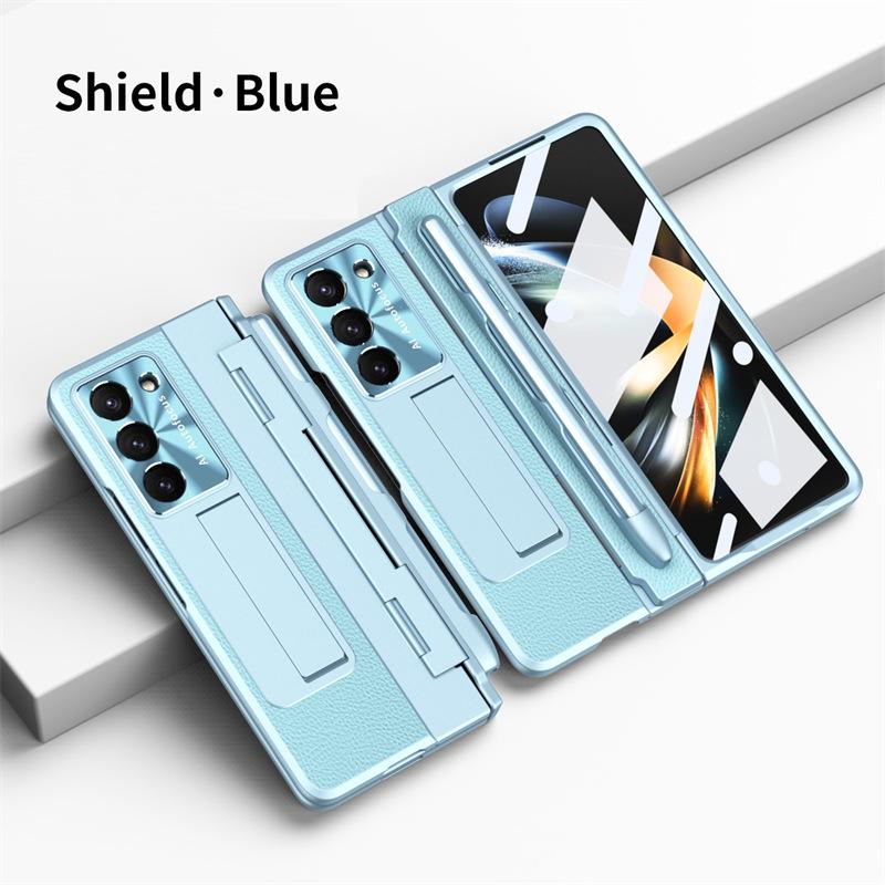 Full Protection Hinge Case for Samsung Galaxy Z Fold8 Ultra / 7 6 5 4 3 Plating PC+Leather Tempered Film Folding Kickstand Cover