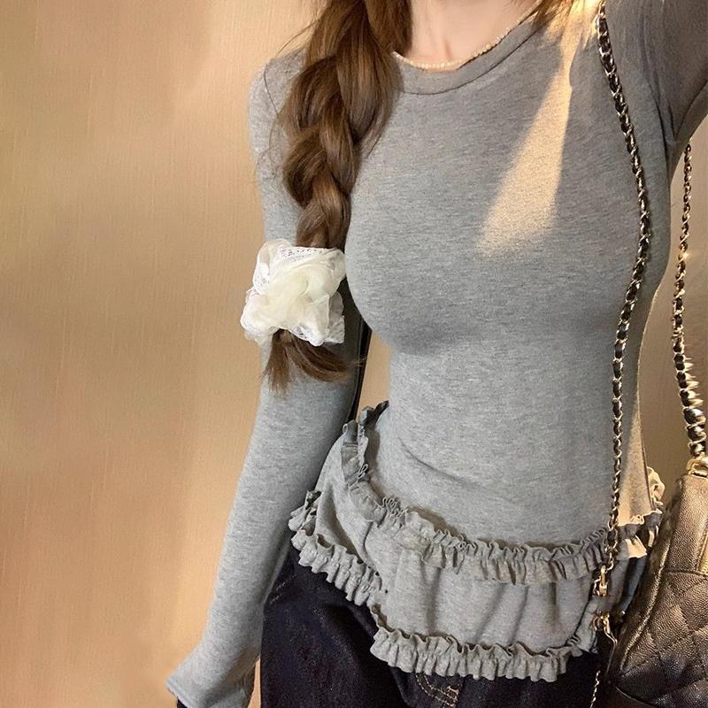 Women Fashion Slim Basic Ruffle Patchwork Long Sleeve T-Shirt Spring Autumn Winter Thickened Crew Neck Pullovers