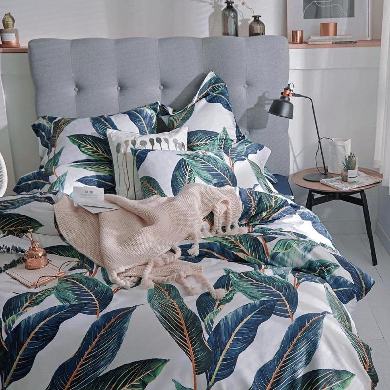 Duvet Cover Set Tropical Leaves Bedding Set,3 Piece Egyptian Cotton Green Quilt Cover with Zipper Closure
