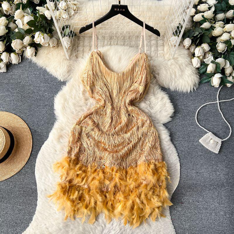 Feather Dress Ins Open Back Sling Tassel Sequins