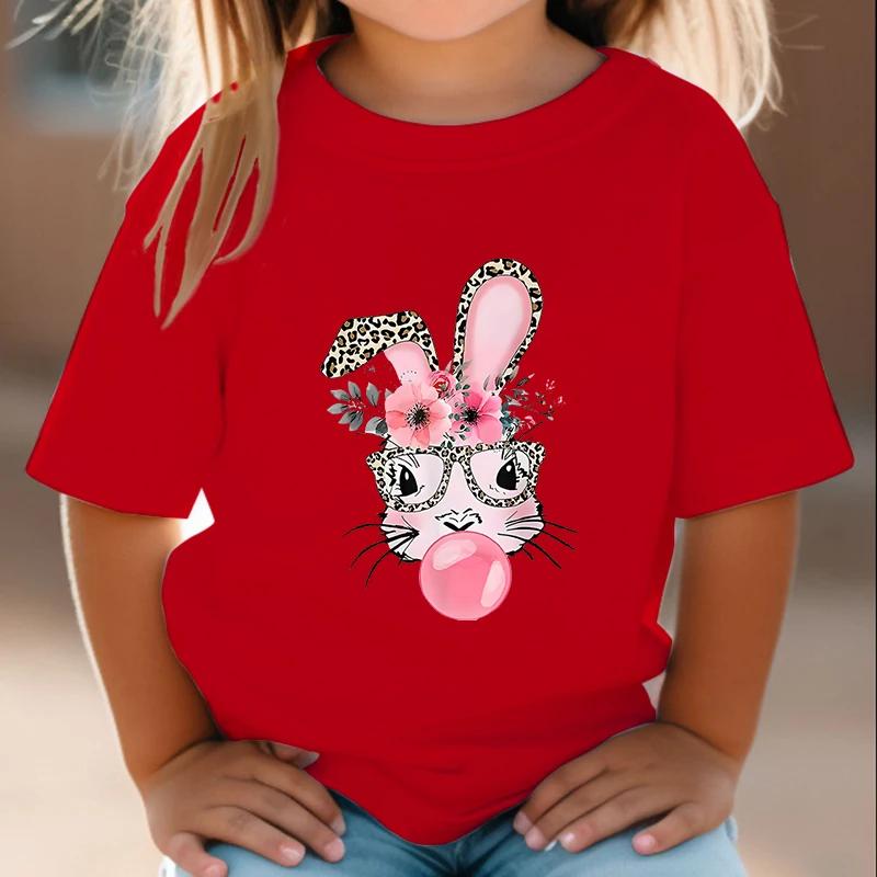 Bunny 3-14 Years Girls T-shirts Bad Cartoon Tees Bubble Sugar Rabbit Fashion Kids Tshirts Harajuku Leopard Print Bunny Tops Tees