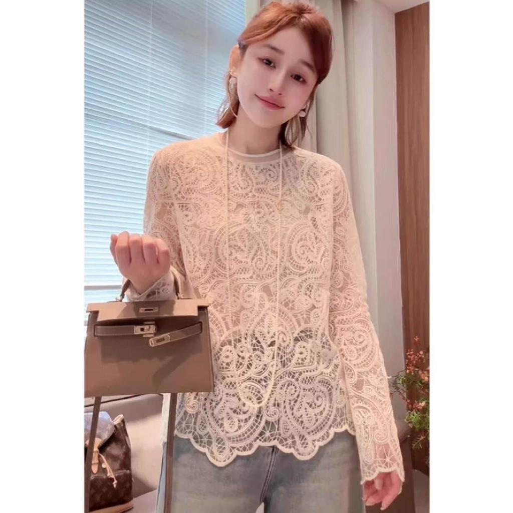 Elegant Crochet Lace Long Sleeve Layering Top for Women - Spring 2026