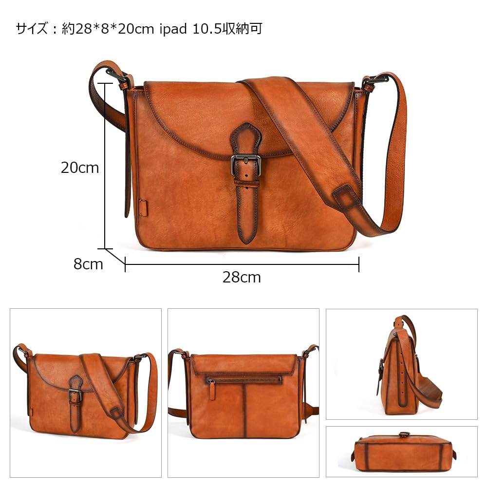 Whatna Antique-Style Tanned Natural Cowhide Leather Shoulder Bag for Men, Crossbody Bag, Chest Bag, Fits iPad 10.5, Genuine Leather, Small Business