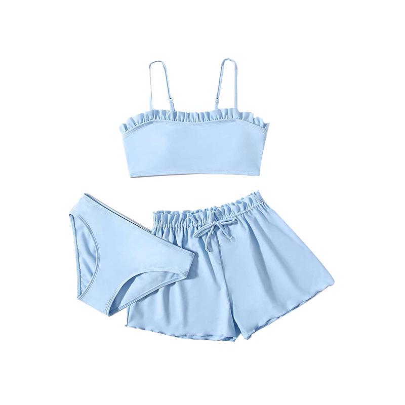 2024 Girls' Solid Color Bandeau Swimsuit Set - 3-Piece Sporty Separates