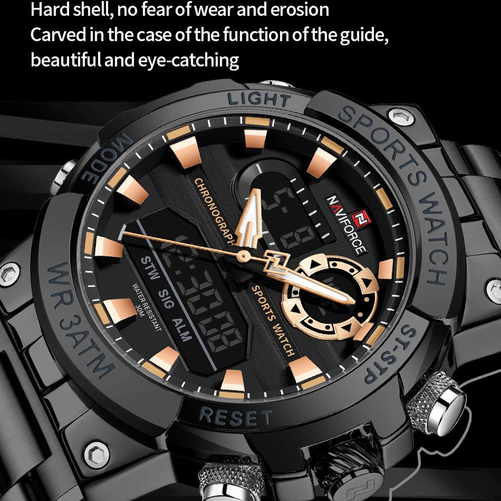 Naviforce Oryginalny Zegarek Męski Wyświetlacz Cyfrowy Kwarcowy Kalendarz Zegarek na Rękę Pasek ze Stali Nierdzewnej Luminous Wodoodporny Modny Zegarek Męski NF9237