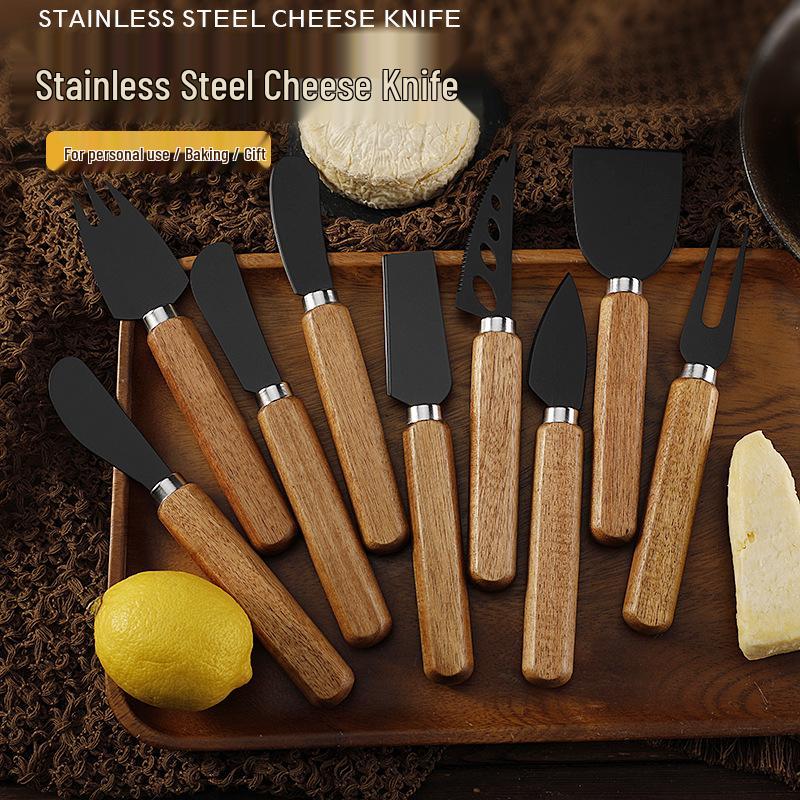 In-Stock Cheese & Butter Knife Set: Stainless Steel Black Blade with Acacia Wood Handles, Western Cutlery