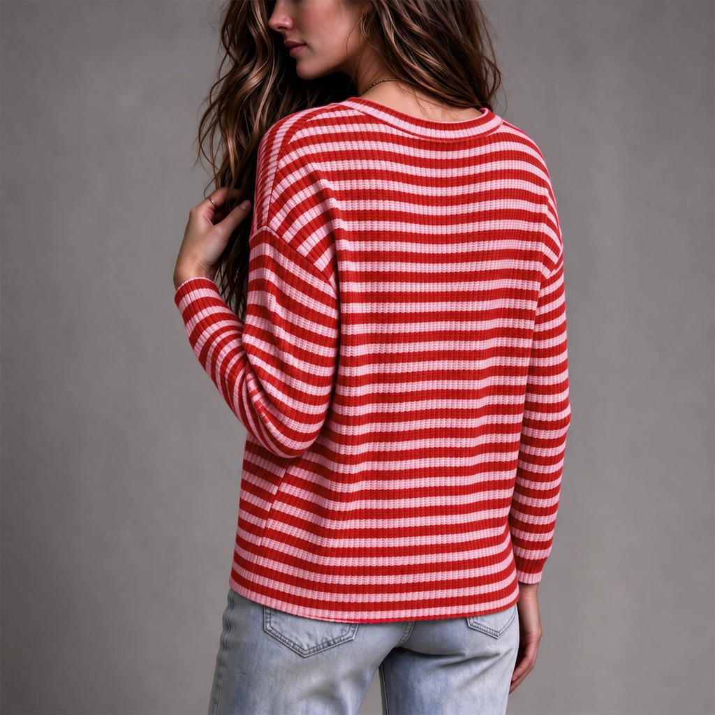 Women's Vintage Striped V Neck Long Sleeve Sweater Casual Fall Winter Pullover Top