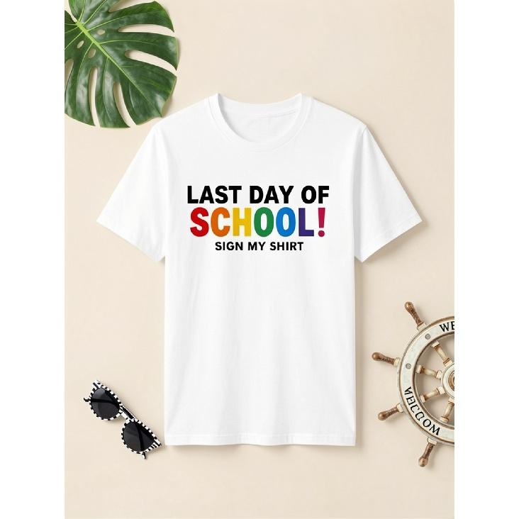 New Boys' Last Day of School Pattern T-Shirt - Black Casual Short-Sleeved Color Printing, Breathable Summer Outdoor Activities And School Celebration
