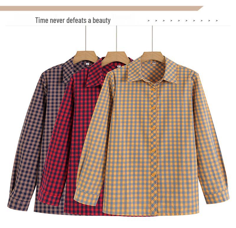 Elegant Plaid Long-Sleeve Shirt for Women Aged 50-60