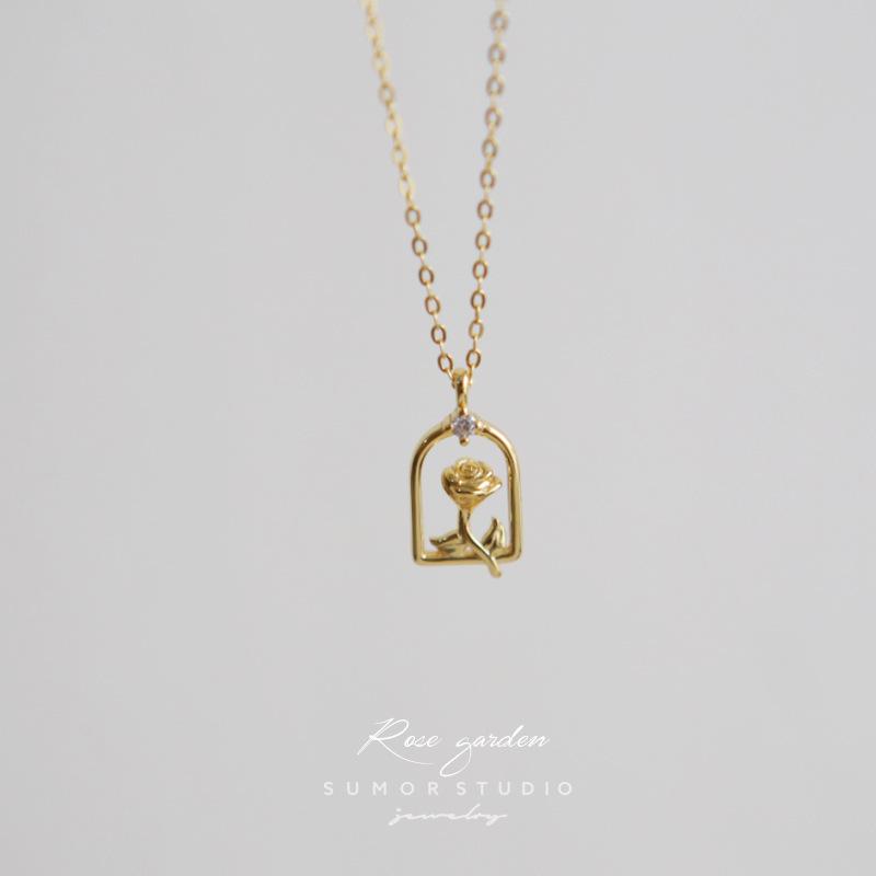 14K Gold-Plated S925 Sterling Silver Rose Necklace - Elegant French Collarbone Chain for Women