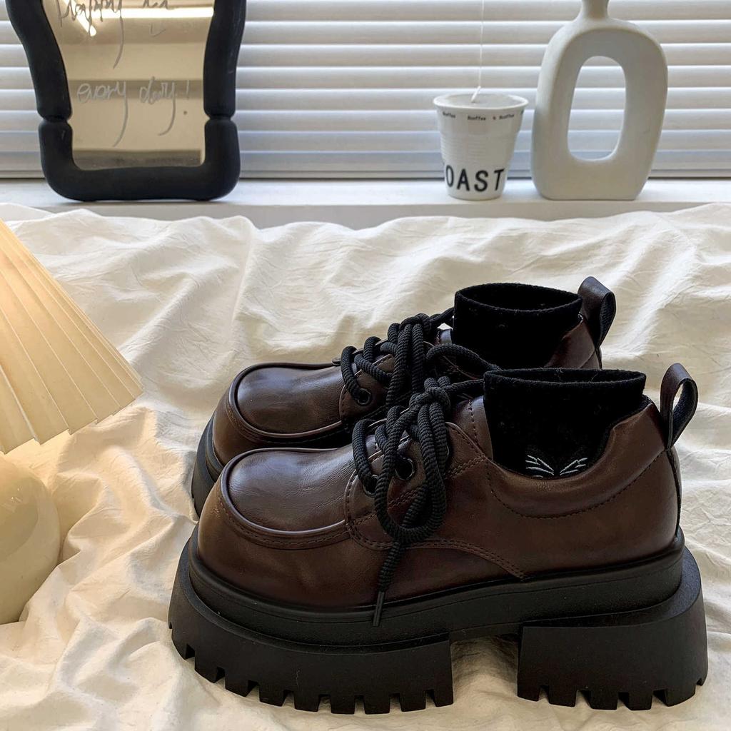 Brown lace-up small leather shoes for women 2025 spring new versatile retro British style platform thick heel with skirt single shoes for women