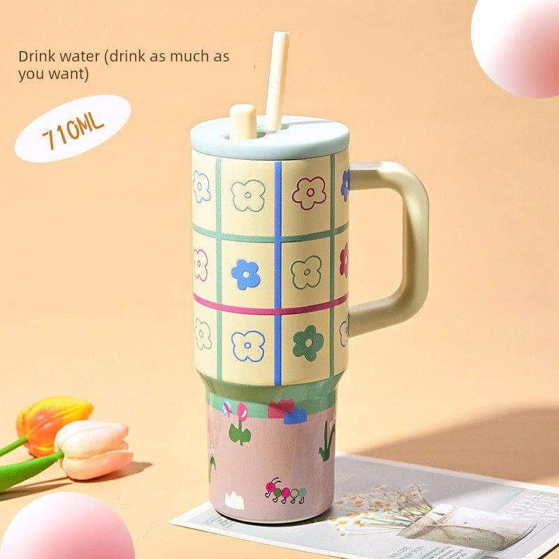 Large Capacity Thermos Cup for Women, Stylish Ice Cup, Cute Cartoon Portable Car Cup with Handle, Giant Straw Water Cup