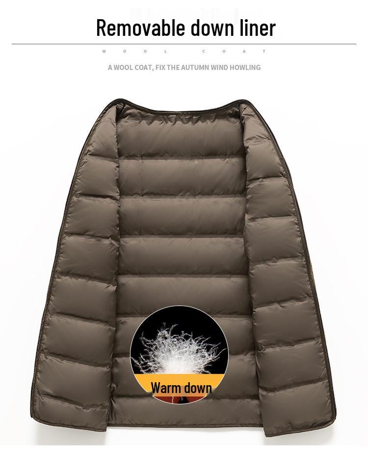Hengyuanxiang Herren Quadratischer Kragen Mittellanger Wollmantel mit Abnehmbarem Daunenfutter - 2025 Herbst/Winter Warmer Windbreaker