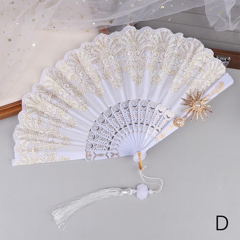 Ladies Lace Hand Fan Black White Cloth Folding Fans With Tassels Ancient-Style Dance Folding Hand Fan For Wedding Party Favor