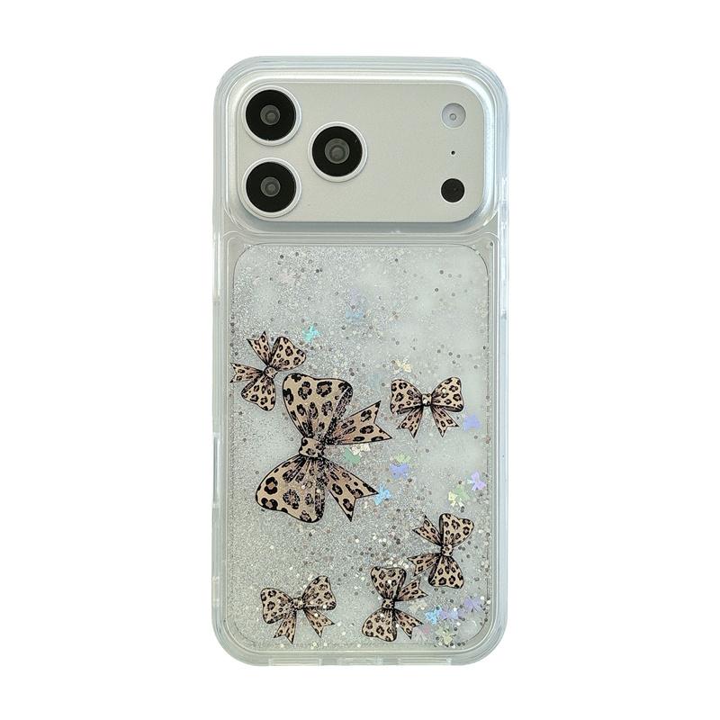 

Leopard Bow Dynamic Quicksand Case for iPhone 17 16 15 Pro Max Transparent Glitter Moving Sand Hard Back Cover Fashion Girl Capa iPhone 15
