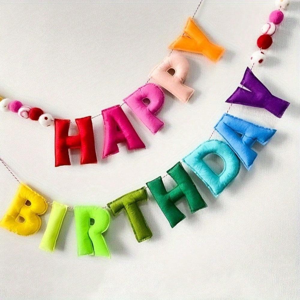 Colorful Pre-Strung Happy Birthday Banner Set with 28 Felt Pom Balls - Rainbow Fabric Garland, Perfect for Party Decor