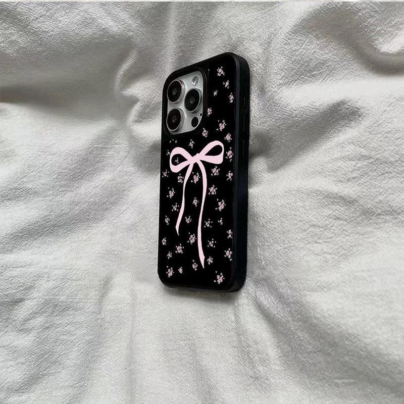 Pink bow floral application Apple 17 mobile phone case iPhone16 matte PC14 girl 15 large holes 13 hard case