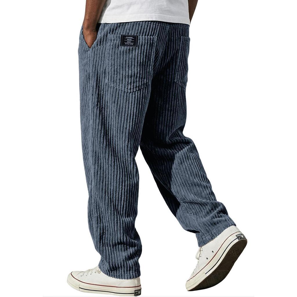 Men's Relaxed Fit Straight Leg Casual Pants with Vertical Stripe Pattern Back Patch Two Rear Pockets Elastic Waistband Durable Fabric Trousers