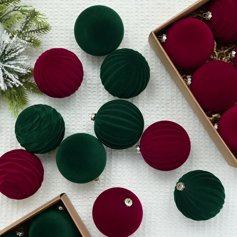 New 12Pcs/Box 8cm Velvet Christmas Ball Pendant Xmas Tree Ornament with Hanging Loop Christmas Hanging Decoration for Home Party