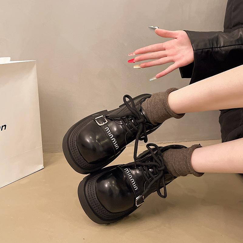 European Station Platform Big Head Loafers Women's Shoes 2025 Spring New British Style Heightening Small Leather Shoes Lace-up Single Shoes