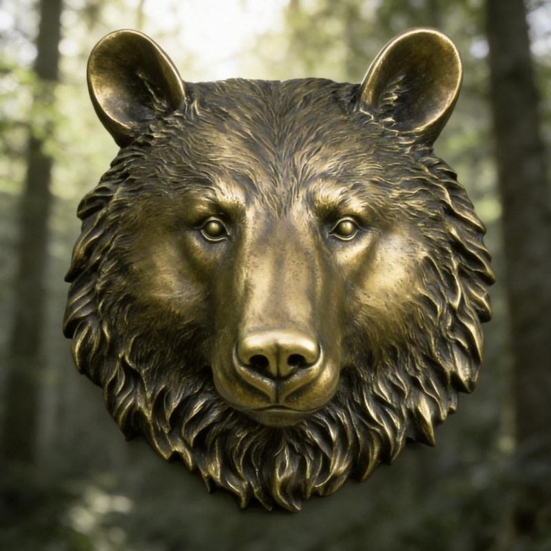 Entryway Wall Decors Bear Head Sculpture With Resin Construction, Antique Metallic Finish and Realistic Furs Texture for Indoor Accent Wall