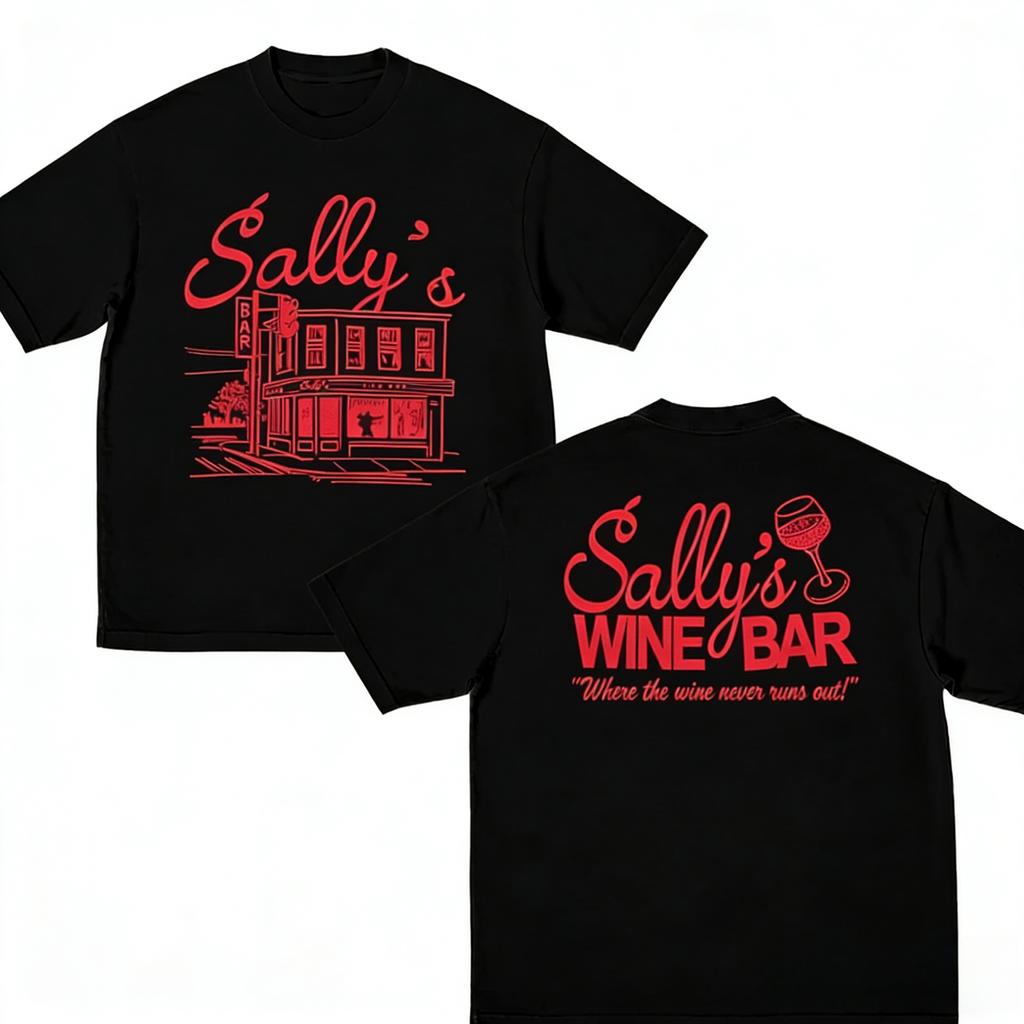 Summer Vintage Y2K Retro Sallys Wine Bar Tshirt for Men Women Fashion Hip Hop Short Sleeve Cotton Casual Top Streetwear Loose