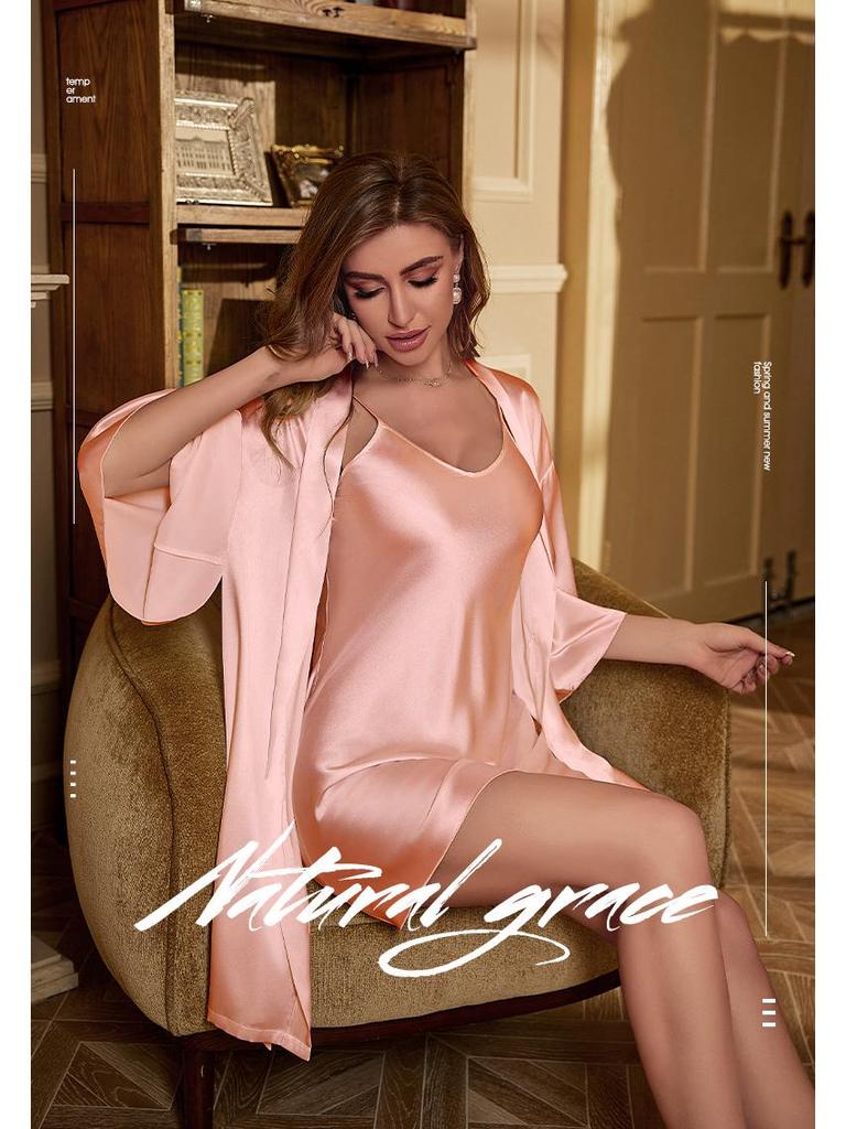 Summer Ice Silk Pajama & Robe Set for Women - Camisole Two-Piece Home Wear.