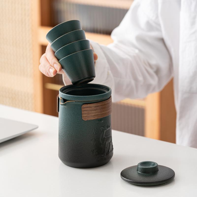 Portable storage travel tea set, coarse pottery Japanese-style express cup, one pot of four cups, a complete set of anti-scalding teapot teacups