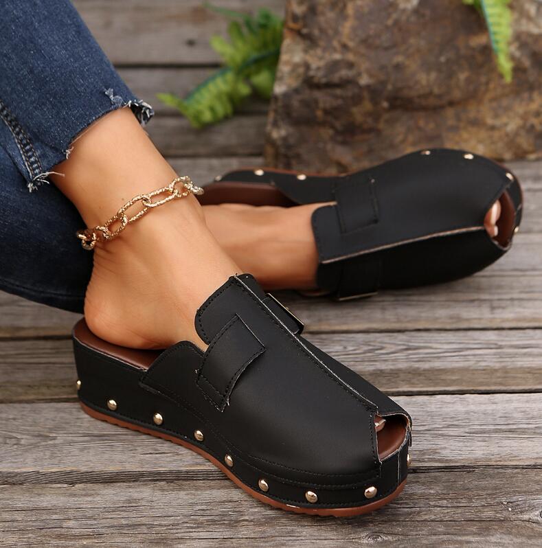 Women's Fish-mouth slippers with thick soled buckle rivets Woman Platform Sandals Wedges Heeled Shoes Sandalias Footwear