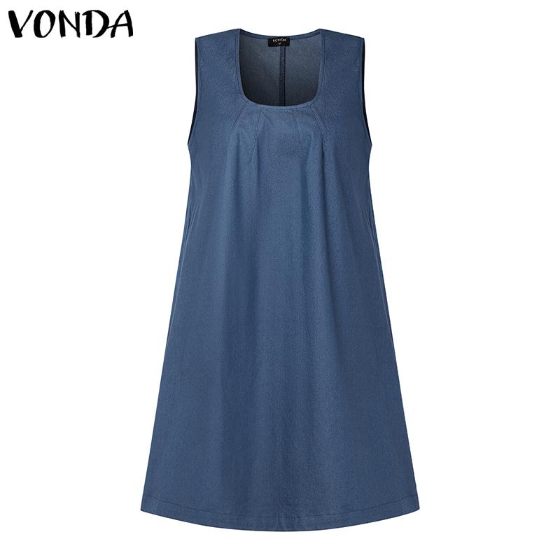 

VONDA Women U Neck Sleeveless Solid Color Casual Tank Dress S синий