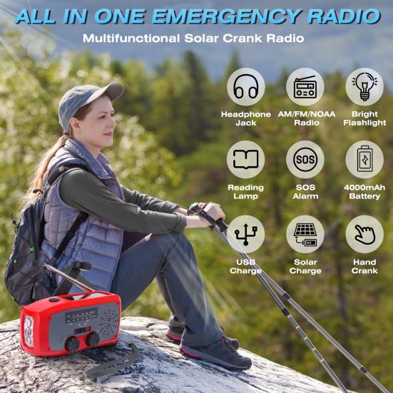 Emergency Solar Radio with LED Flashlight Compact Design Portable Hand Crank Solar Powered Rechargeable AM/FM Radio