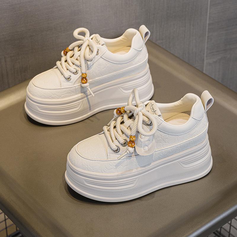 

Женские туфли на платформе с толстой подошвой на осень 2025 года - 8 см скрытый каблук, мелкий богемный темный узор, повседневный стиль 39 бежевый