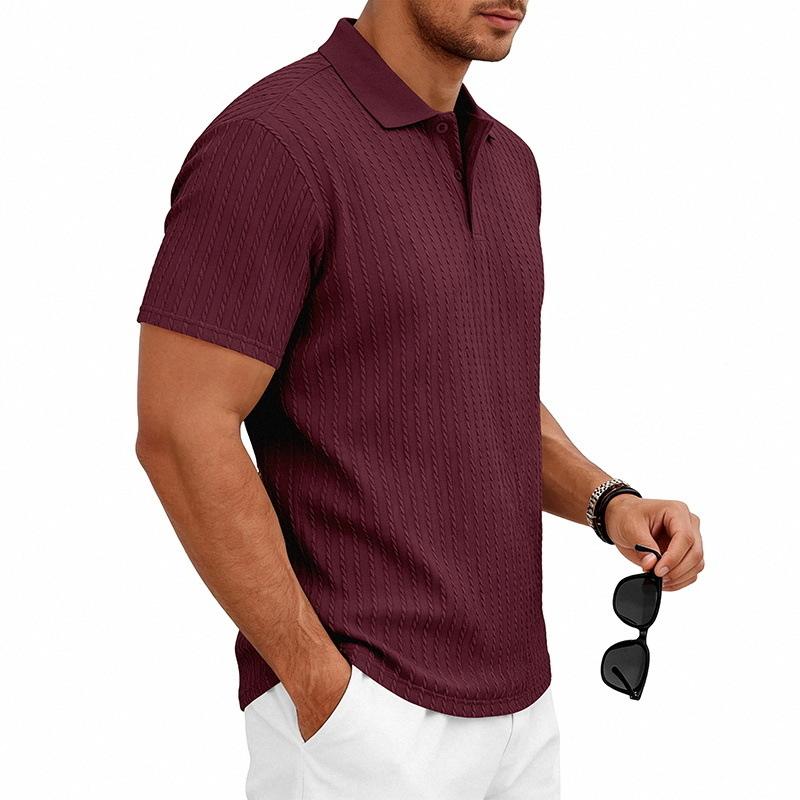 Mens Summer Textured Short Sleeve Polo Shirt Business Casual Solid Lapel Top
