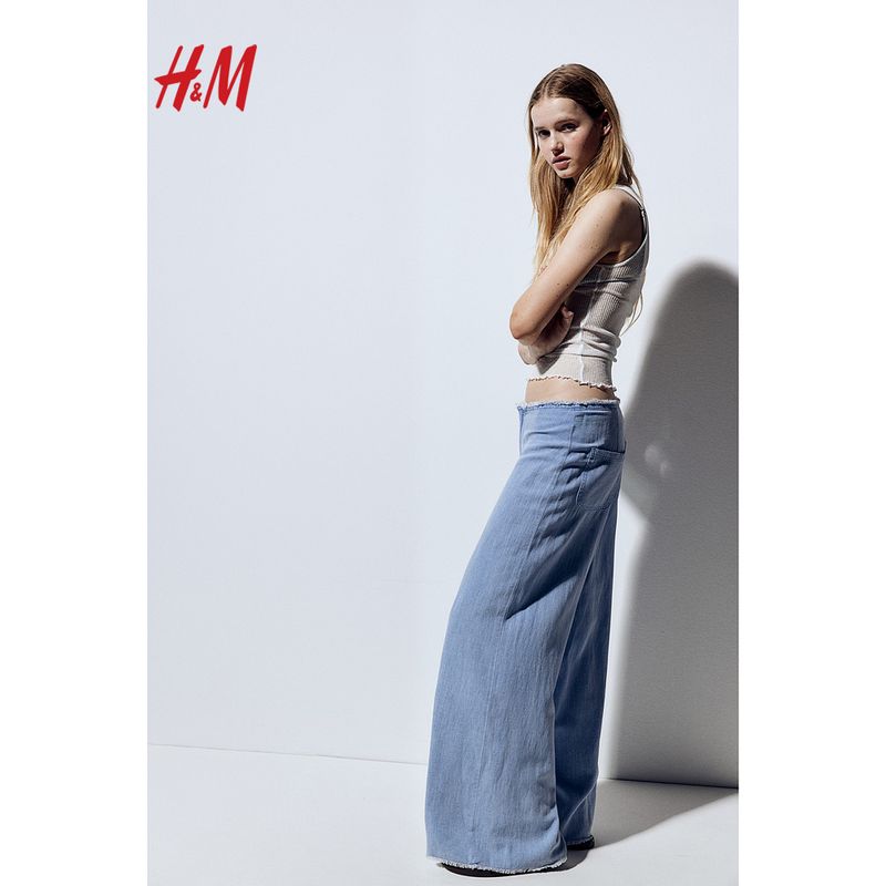 HM Women's Clothes Casual Pants Fall Straight-leg Loose Raw Hem Back Pocket Linen Blend Casual Pants 1224449