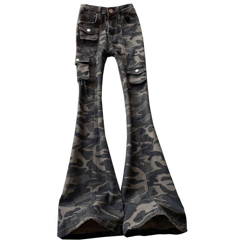 Camouflage Arbeitsjeans Damen Übergröße Schlaghosen Design Gerade Locker Hufeisen Schleifende Hose Jeans für Damen Lange Denimhose