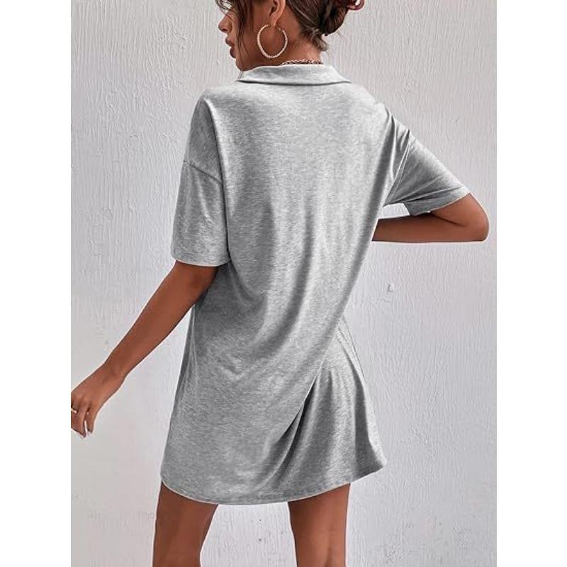 YYFS Women's Fashion Summer Spring Solid Color Print Short Sleeve POLO Neck Loose Waistline Casual Dresses